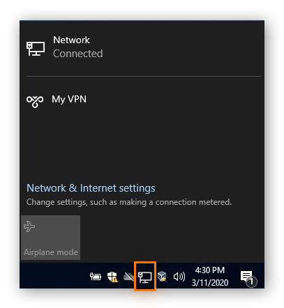Connecting to a VPN in Windows 10 from the Network icon in the taskbar